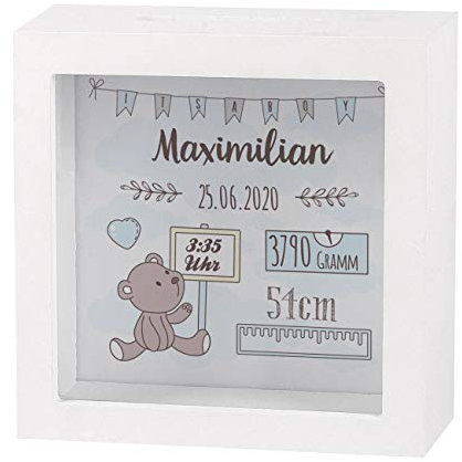 Striefchen® Spardose zur Geburt eines Kindes mit Namen und Geburtsdatum als Geldgeschenk Teddy Blau