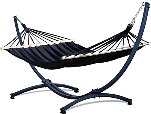 Potenza Outdoor Hängematte mit Gestell für 2 Personen I Stabhängematte XXL 220x160, 200kg I Hängemattengestell 220kg Wetterfest (Schwarz, Basic Gestell Graphit)