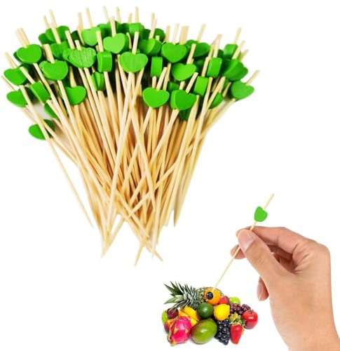 Spldsun 100 PièCes Batons de Cocktail, 12 cm Jetable Bambou Cœur, Cure-Dents en Bois fête Fournitures Brochettes, pour Nourriture Décorée, Verre à Cocktail, Fête d'anniversaire de Carnaval(Vert)