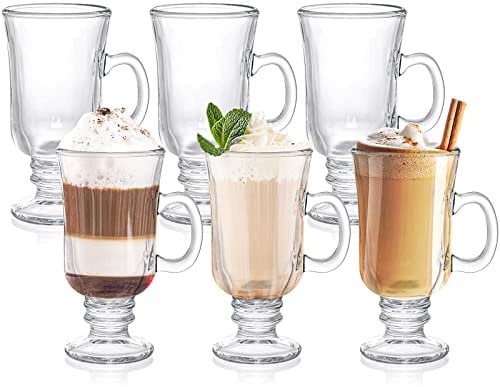 ZENFUN Set of 6 Glass Irish Coffee Mugs, 8.5oz/240ml Footed Espresso Cups with Handles, Clear Goblet for Latte, Cappuccino, Hot & Cold Drinks, Durable Design