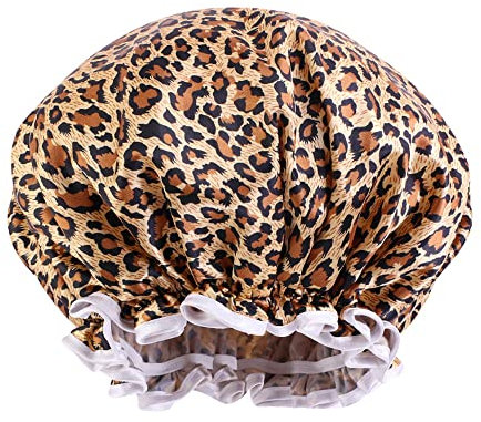 Leopard Shower Cap Reusable Bath Cap Waterproof Shower Cap for Women Elastic Double Layer Reusable Shower Cap Leopard Print
