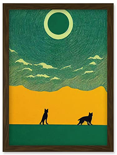 Wee Blue Coo Abstract Wolves Minimalist Surreal Sky Green Yellow Artwork Framed Wall Art Print A4