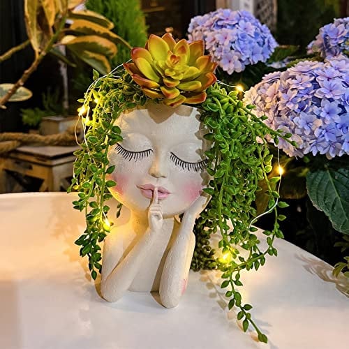 lifemet - Vaso da fiori a energia solare, a forma di volto con occhi chiusi, per piante grasse, con ghirlanda di lampadine a LED, con foro di drenaggio, impermeabile, in resina, per giardino
