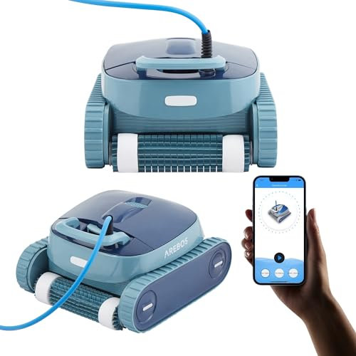 Arebos Robot de Piscine Automatique | Runner de Piscine pour piscines jusqu'à Max. 100 m³ | Aspirateur de Piscine pour Mur, Sol et Ligne d'eau avec contrôle par Application | 3 Modes de Nettoyage