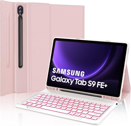 IVEOPPE Teclado Samsung Galaxy Tab S9 FE Plus/S10 Plus 12.4 2023, Funda Teclado España Ñ Retroiluminado Bluetooth para Samsung Galaxy Tab S9 FE Plus/S9 12,4 2023, Rosa