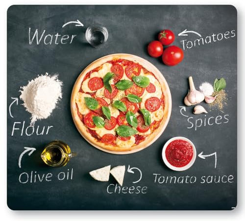 KESPER | Multi-Glasschneideplatte/Herdabdeckplatte/Herdblende, Material: ESG-Sicherheitsglas, Maße: 56 x 50 x 0,8 cm, Motiv: Pizza, Farbe: Grau, Rot | 36598 13