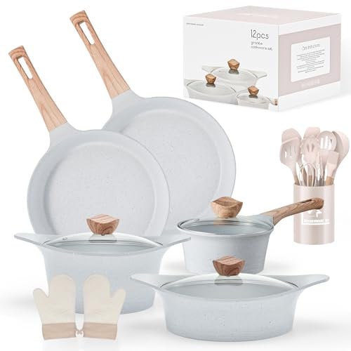 RIOVARM Inducción Juego de ollas y sartenes, Antiadherente Granito Sartenes y ollas con Tapas, Juegos de sartenes Sin PFOA, Baterías de cocina con mango de baquelita, Sartén, Cazuela, Spatola