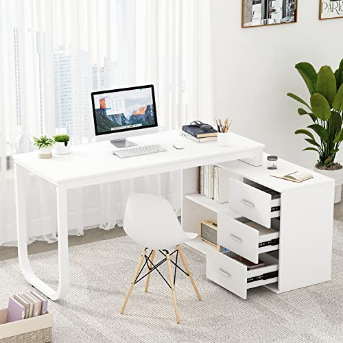 Caldion Bureau d'angle en Forme de L avec 3 Tiroirs Table de réversible en Forme de L Poste Bureau de Rangement pour Le Bureau à Domicile Étude Salon 130x60x75cm Blanc