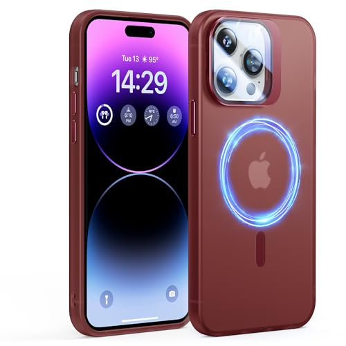 ONOFSO Funda Magnética para iPhone 14 Pro MAX de 6,7 Pulgadas Compatible con MagSafe, Carcasa Mate Ultra Delgada Antigolpes con Soporte para Objetivo,Rojo Vino