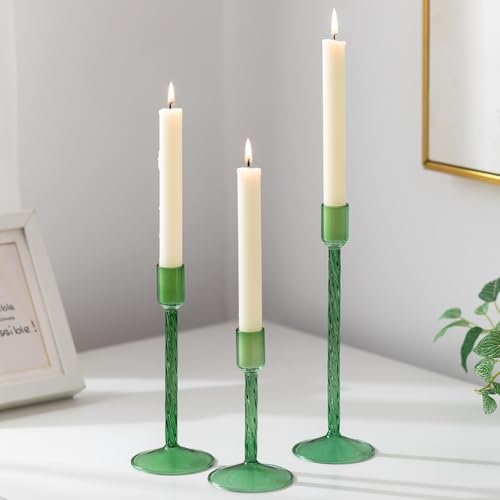 Glasseam Bougeoirs en Verre Vert : Lot De 3 Grands Bougeoirs Porte-Bougies DéCoratifs pour La DéCoration D'IntéRieur Porte-Bougies Modernes pour Bougies De Table DéCorations De NoëL