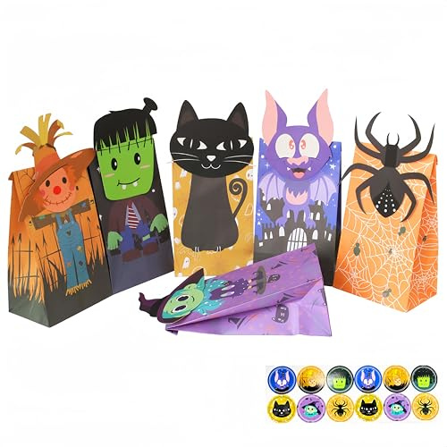 12 Stück Halloween Candy Tüte, 24x13x8 cm Partytüten Papiertüten Klein mit 24 Stickern, 6 Farben Geschenktüten für Kinder Halloween Party Geburtstag Trick or Treat Taschen