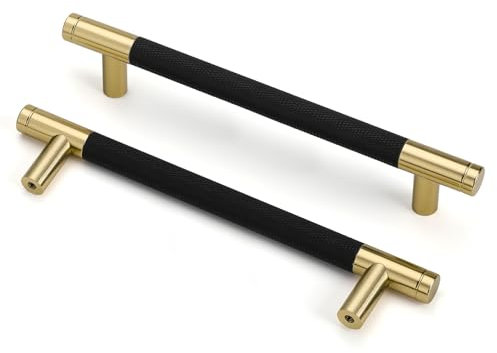 goldenwarm 10 Stück Gerändelte Schrankgriffe Gold Möbelgriffe Schwarz 128mm Lochabstand Messing Griffe für Küchenschränke