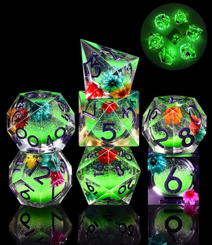 SIQUK 7 Stück Liquid Core Würfel Leuchtende Würfel Leuchten Würfel Im Dunkeln Polyedrische Würfel Set D4 D6 D8 D10 D12 D20 D% Spielwürfel für DND RPG MTG