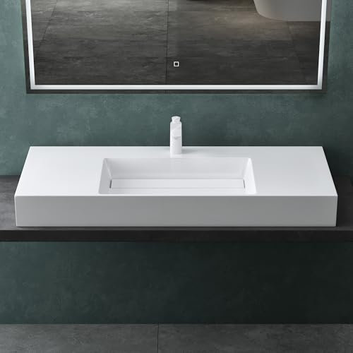 Mai & Mai Lavabo sobre Encimera Lavabo Suspendido Baño Lavabo | Rectangular | Blanco Brillante | Mármol Fundido | 120x48x13cm | 1 Orificio para Grifo sin Rebosadero | Colossum12