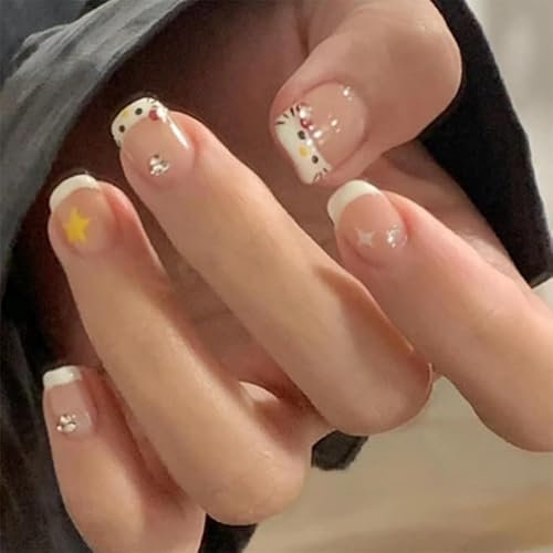 French Tip False Nails - Short Square White Tip Nude Press On Nails With Kitty Star Rhinestones - Removable Glossy Classic French False Nails With Glue Long Lasting For Women Nails Art DIY Accessorie