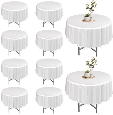 DASIAUTOEM 10 Stück Runde Weiß Tischdecke, für Garten, Waschbar, Schmutzabweisend, Wasserdicht, Tischschutz, für Hochzeit Party Bankett Restaurant Abendessen Camping, 213cm Durchmesser