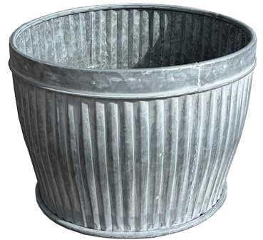 Alfie Francis 33cm DIA x 23.5cm H Large Galvanised Metal Garden Planter Outdoor Plant Pot Vintage Ribbed Barrel Tub Decoration