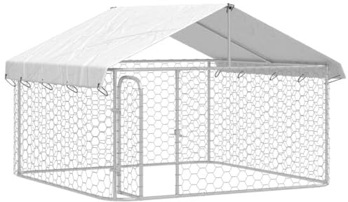 Outdoor Hundezwinger für große Rassen, 200 x 200 x 150 cm, Silber, UV-beständig, mit Überdachung，Hundekäfig Hochbelastbar,
