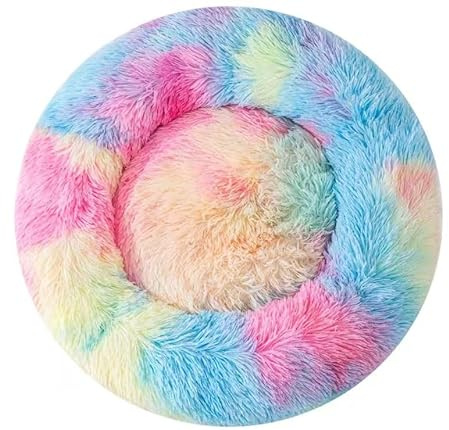 Lemuluxe Dog Bed Cat Bed, Calming Cat Donut Round Washable Plush Bed, Cat Beds for Indoor Cats, Pet Bed with Anti Slip Bottom Fluffy Puppy Kitten Beds, 40x40cm (Rainbow)