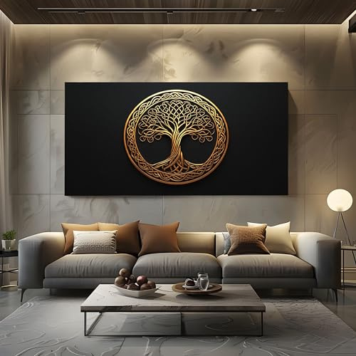 ZORYAN Wandbild Wikinger Lebensbaum Leinwandbilder Groß für Modernes | Wohnzimmer Spirituell Symbol Bild für Schlafzimmer Deko, Kunstdruck Golden Baum Wanddekoration, Wall Art 70x140 cm