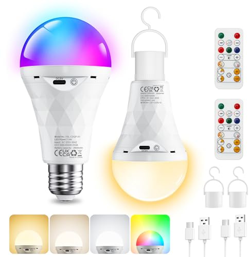 E27 LED RGB Aufladbare Glühbirne 2600mAh Glühbirne mit Fernbedienung 2Stück | Akku Glühbirne mit Batterie Dimmbare 10 Farbwechselnd Akku Lampe Hängelampe mit Timer für Outdoor Camping Weihnachten