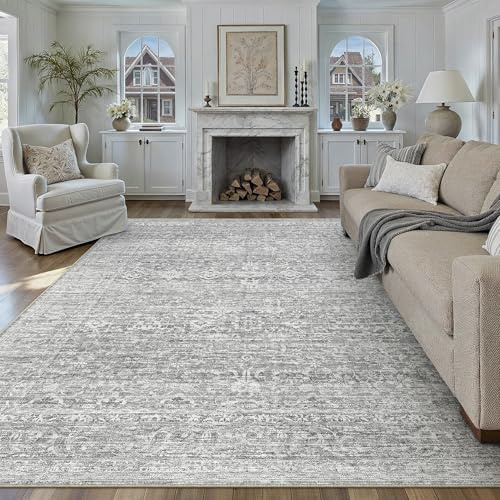 PureCozy Vintage Teppich Wohnzimmer 300x400cm Grau Waschbar Groß Teppiche | Retro Teppich,Waschbar,Rutschfest,Weich Kurzflor,für Schlafzimmer,Esszimmer,Büro Rug