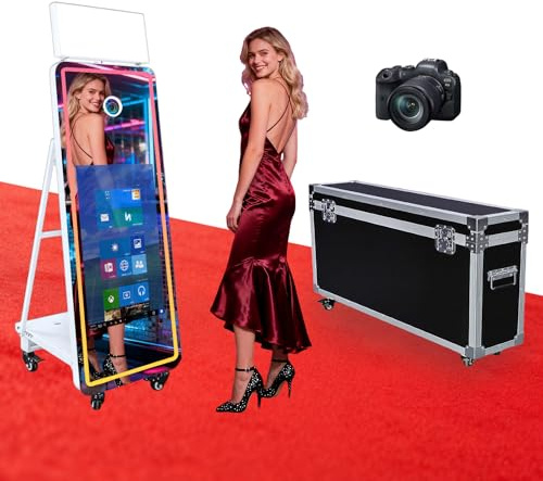 Magic Mirror DSLR Photo Booth with 32 Inch Touchscreen, Instant Printing & LED RGB Square Light, Portable Photobooth with Flight Case for Weddings Parties Events (White, Photo Booth + Camera)