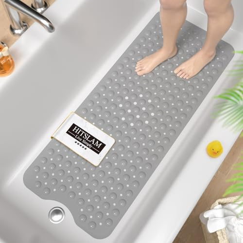 HITSLAM Badewannenmatte rutschfest, 101 x 40cm Extra Lange Antirutschmatte Badewanne, Duschmatte rutschfest BPA Frei, Schimmelresistent & Maschinenwaschbar Badematte, Grau (Opak)