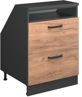 Vicco Küchenschrank für Dachschrägen R-Line, Goldkraft Eiche, 60 cm | 2 Schubladen · Extra Tiefe – 60 cm · Höhenverstellbare Füße · ✓ Leichter Zugriff · ✓ Frei kombinierbar