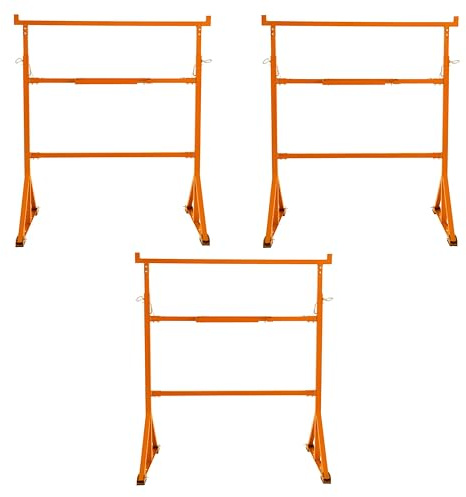 3 Supports Tréteaux de Maçon Chantier en Acier Portable Table Établi de Travail Hauteur Réglable 105,5 à 185,5 cm Pieds Antidérapants Capacité de Poids 200 kg [Crochets & Plateau Porte-Outils INCLUS]