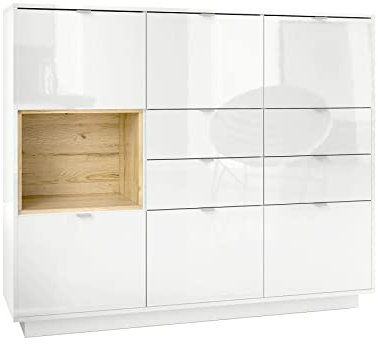 Vladon Highboard Sideboard Metro V2, Made in Germany, Korpus in Weiß Hochglanz/Fronten in Weiß Hochglanz mit Einsatz in Eiche Natur