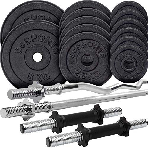 ScSPORTS® Hantelset - 27.5-100kg, inkl. 2 Kurzhanteln, Langhantelstange, SZ Stange, Ø31mm, Hantelscheiben, Gusseisen - Gewichtsset, Langhantel (27.5 KG (2x5 + 4x2.5 + 6x1.25) sw)