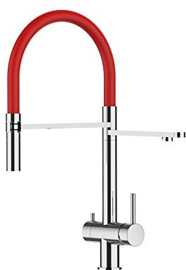 Rubinetto cucina 3 vie ACCIAIO INOX lucido per sistemi acqua gasata/aromatizzata e filtro depurazione - canna acqua filtrata girevole e doccia 2 getti movibile per acqua di linea (Rosso)