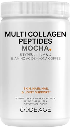 Codeage Multi Collagen Peptides Protein Powder - Chocolate Mocha Instant Coffee - Gourmet Knoa Coffee Drink & Shake - Collagen Type I, II, III, V & X - Grass-Fed, Hydrolyzed, Non-GMO - 14.39oz