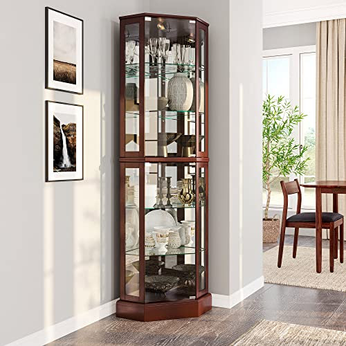 Belleze Curio puerta de cristal templado con estantes, 2 colores (cereza y nogal)