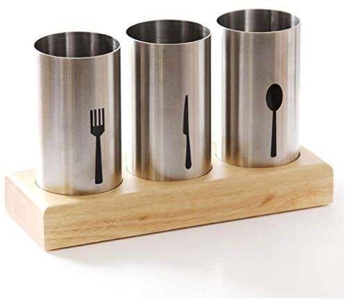 Besteckhalter Besteckkorb aus Edelstahl Besteckbehälter mit Holzsockel, Besteckständer für Gabeln Messer Löffel, Besteckhalter für Gillen, Zuhause oder Restaurants (3 Halterbecher)