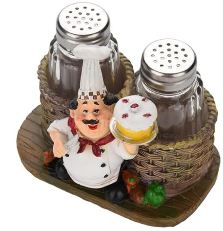Salt and Pepper Shakers Set, 2pcs Chef Statue Salt Pepper Bottle Holder Pepper Ornament Bottle Glass Spice Jars Salt Shaker for Family Kitchen Restaurant Cafe Bakery