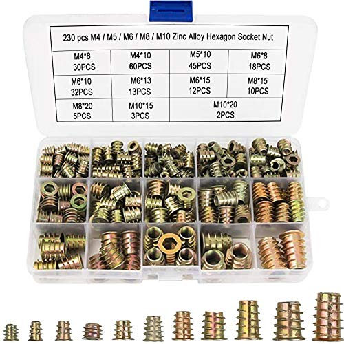 Ruolin 230 Pcs Écrous Hexagonaux M4 M5 M6 M8 M10 avec Inserts Filetés, Alliage de Zinc Insert Fileté Hexagonale Écrous Inserts pour Kit d'outils d'écrou pour Meubles en Bois
