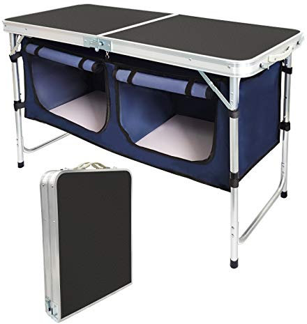 Camp Solutions Outdoor Folding Table Aluminum Lightweight, 2-Level Height Adjustable Portable Table with Storage Organizer for BBQ, Party, Picnic, Camping (Black)