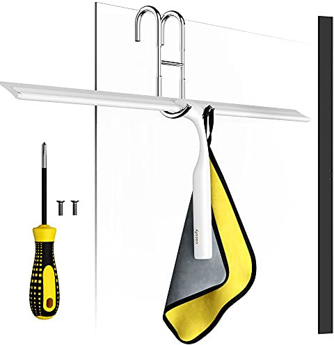 cocofy Duschabzieher Weiss breit XXL 45 cm ohne Bohren für Dusche, Fliesen mit Haken, Ersatzgummi, Mikrofasertuch Flitsche Dusche Duschwandabzieher Duschkabinenabzieher Dusch Abzieher