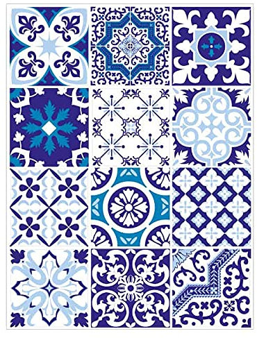 | Stickers Carreaux Muraux | Planche de 12 Stickers Autocollants Adhesifs Carrelage - Carreaux de Ciment - BLUEMONKEY - Dimensions d'un Sticker : 20 x 20 cm - Cuisine Salle de Bains Meubles ...