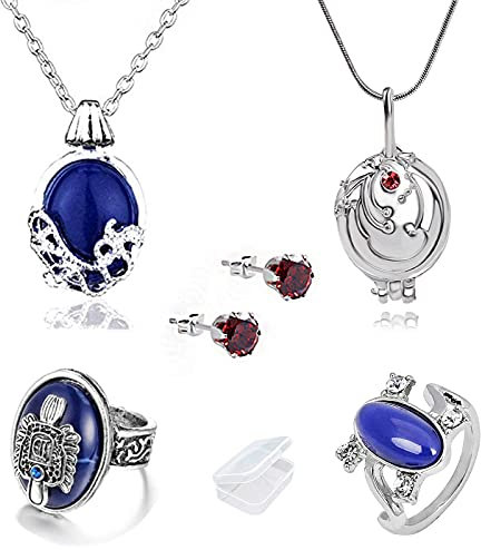 YouU Vampire Diar.s Cosplay Modeschmuck Zubehör Katherine Elena Gilbert Halskette Ohrringe Damon Stefan Finger Familienwappen Ringe Sapphire Crystal Daylight Ring mit Aufbewahrungsbox(5 Stück)