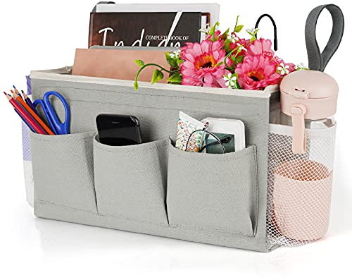 Lilithye Bedside Storage Organizer with Fixed Straps and Water Bottle Holder for Home, College, Dorm, Bunk/Hospital Bed, Crib Bed Rails (Grey)