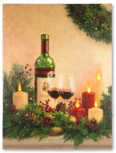 Nexos Trading LED Wandbild Leinwandbild mit Beleuchtung Fotodruck Rotwein Kerzen 30 x 40 cm 5 LED warm weiß Kunstdruck Leuchtbild Batterie Timer 30 Glasfiber Effekt LED Advent