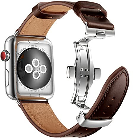 GJSYC Compatible con Correas de Relo Apple Watch 38mm 40mm 41mm 42mm 44mm 45mm,Piel Auténtica, Correa Deportiva de Metal con Hebilla de Mariposa para iWatch SE Series 7 6 5 4 3 2 1,F,42mm/44mm/45mm
