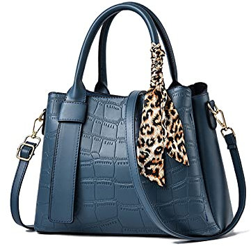 NICOLE & DORIS Damen Handtasche Leder Henkeltasche Tasche Retro Krokodilmuster Designer Schultertasche Frauen Umhängetasche Arbeitstasche Shopper Tote Bag mit Seidentuch Navy Blau