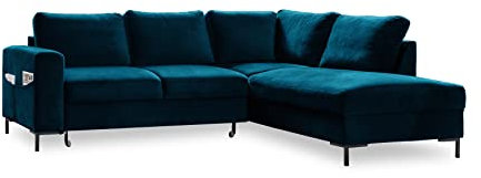MIUFORM Ecksofa mit Schlaffunktion, Lofty Lilly Wohnlandschaft L-Form, Couch L Form Wohnladschaft mit Schlaffunktion Schlafcouch Samt-Stoff Metallfuße (Petrolgrün Rechts ausgerichtet)