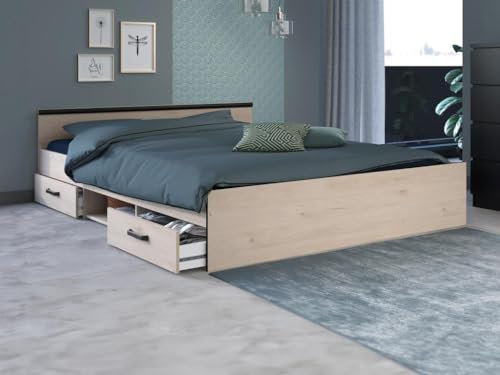 Vente-unique-Bett mit 2 Schubladen & 1 Ablage + Lattenrost - 140 x 190 cm - Naturfarben - Pablo