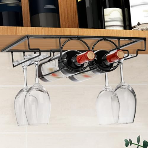 Pumtus Weinregal Glashalter, Unterschrank Weinflaschenhalter Stielglas Rack, Metall Weinflasche Display Halter Gläser Lagerung Aufhänger, Küche Organisation für Bar, Küche, Schwarz