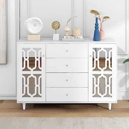 Sweiko Weiß Sideboard Wohnzimmer Küche,Kommode Anrichte Sideboard Holz Flur, Verspiegelte Anrichte mit kühlen Kristallgriffen, für Wohn- und Esszimmer, 147,5 x 40 x 102cm